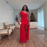 Sleeveless diagonal collar pleated slit long dress