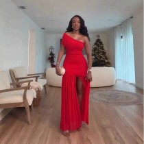 Sleeveless diagonal collar pleated slit long dress