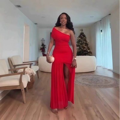 Sleeveless diagonal collar pleated slit long dress