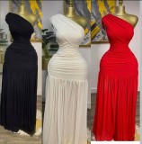 Sleeveless diagonal collar pleated slit long dress