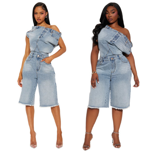 Strapless one shoulder denim jumpsuit