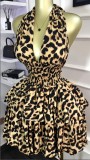 Sleeveless hanging neck leopard print waist cinched pleated puffy short dress