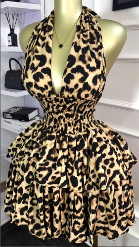 Sleeveless hanging neck leopard print waist cinched pleated puffy short dress