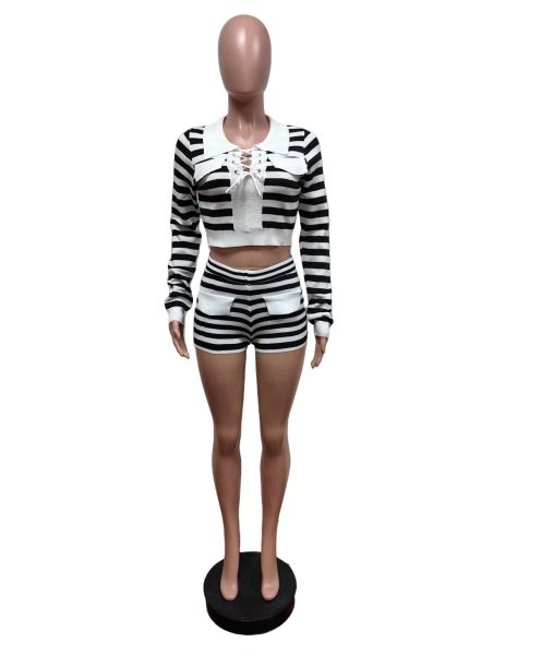 Elastic woven striped lace up lapel long sleeved top, shorts sweater set