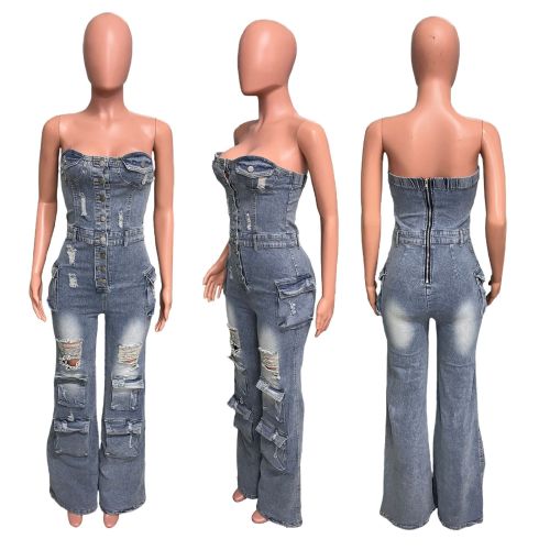 Strapless denim jumpsuit work pants