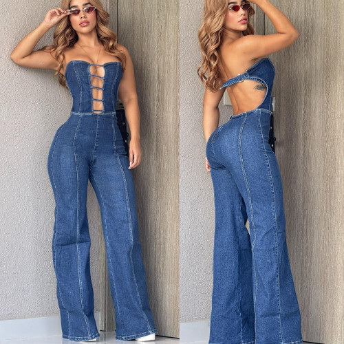 Strapless backless straight leg wide leg denim jumpsuit