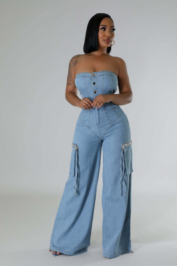Strapless women's denim jumpsuit work pants