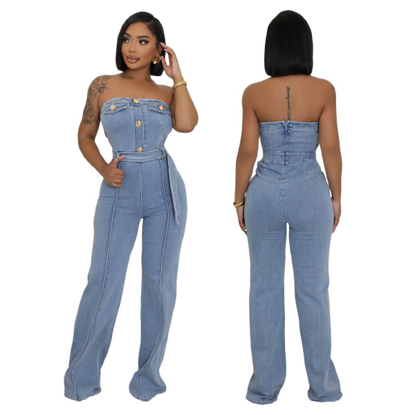 Strapless tight waist elastic wash denim jumpsuit jumpsuit wide leg pants