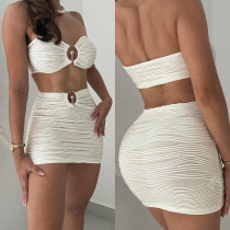 Striped backless navel wrapped chest metal decorative short skirt set