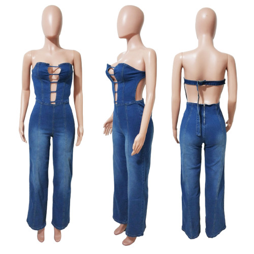 Strapless backless straight leg wide leg denim jumpsuit