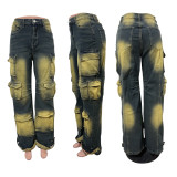 Cowboy three-dimensional multi bag loose fitting work pants