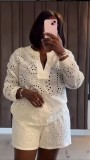 Long sleeved V-neck top, waist cinched shorts two-piece set