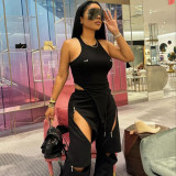 Round neck hollow out crotch three-dimensional decorative jumpsuit