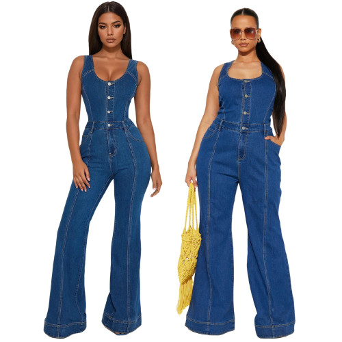 Strap denim jumpsuit flared pants