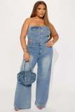 Strapless one shoulder straight leg wide leg denim jumpsuit