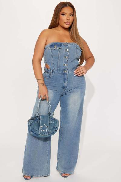 Strapless one shoulder straight leg wide leg denim jumpsuit
