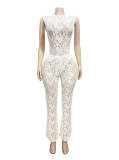 Perspective lace patchwork jumpsuit with micro flared pants set