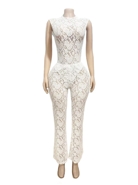 Perspective lace patchwork jumpsuit with micro flared pants set