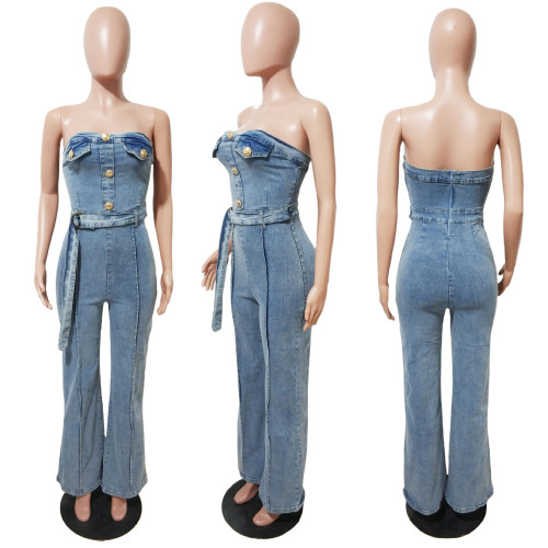 Strapless tight waist elastic wash denim jumpsuit jumpsuit wide leg pants