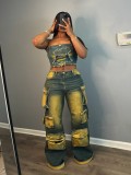 Cowboy three-dimensional multi bag loose fitting work pants