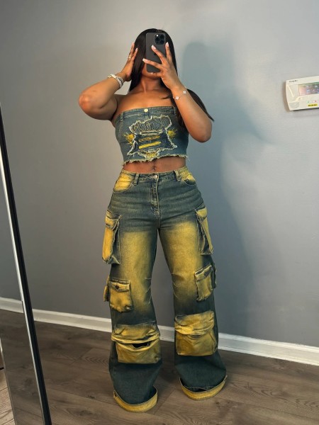 Cowboy three-dimensional multi bag loose fitting work pants