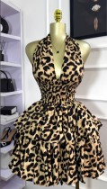 Sleeveless hanging neck leopard print waist cinched pleated puffy short dress