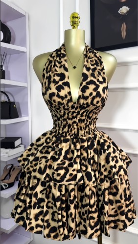 Sleeveless hanging neck leopard print waist cinched pleated puffy short dress
