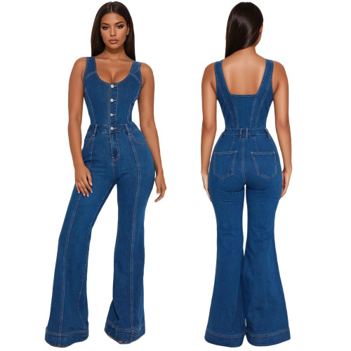 Strap denim jumpsuit flared pants