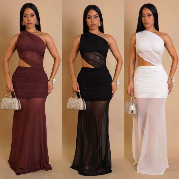 Single shoulder strap dress with exposed waist and transparent skirt, solid color dress