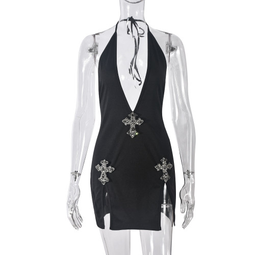 Lace up V-neck backless cross hot stamping dress