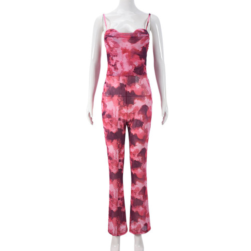 Mesh printed backless camisole jumpsuit
