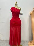 Sleeveless diagonal collar pleated slit long dress