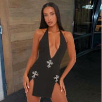 Lace up V-neck backless cross hot stamping dress