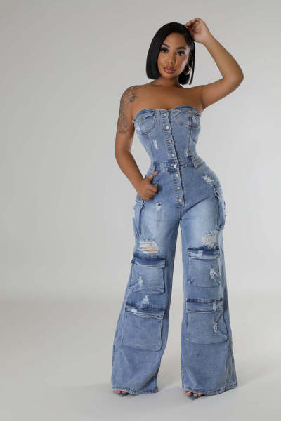 Strapless denim jumpsuit work pants
