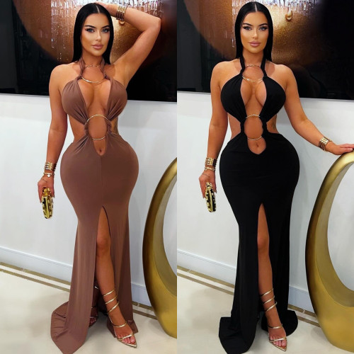 Hanging neck hollow fish tail slit dress