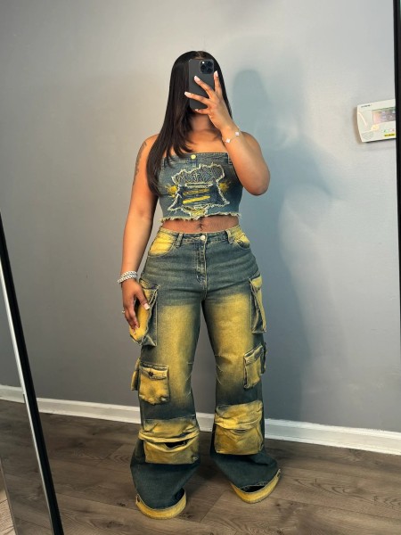 Cowboy three-dimensional multi bag loose fitting work pants