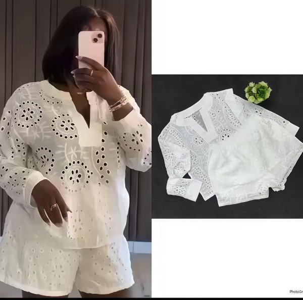 Long sleeved V-neck top, waist cinched shorts two-piece set
