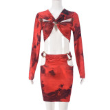 Hollow out navel exposed long sleeved short skirt metal ring two-piece set
