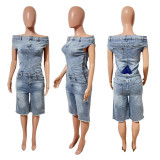 Strapless one shoulder denim jumpsuit
