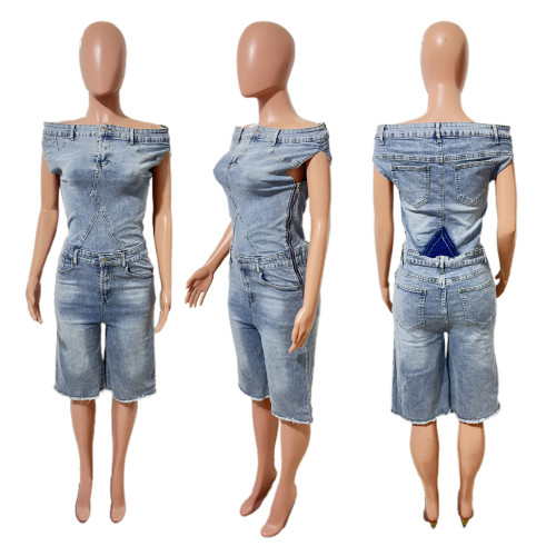 Strapless one shoulder denim jumpsuit