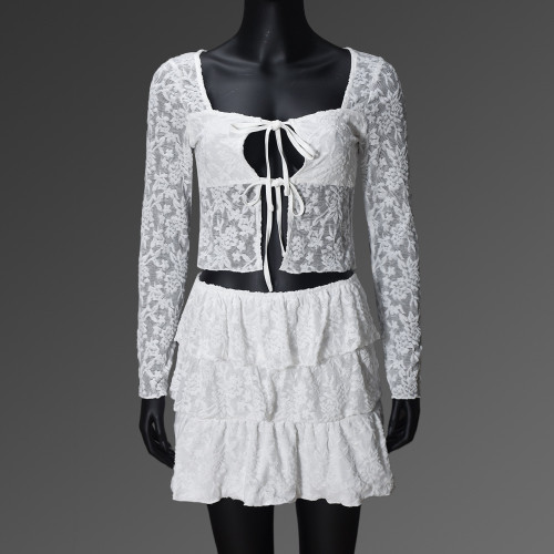 Hollow out square collar lace see through strap top cake skirt set