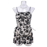 Elastic suspender mesh velvet backless see through strap dress