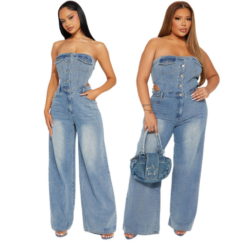 Strapless one shoulder straight leg wide leg denim jumpsuit