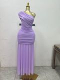 Sleeveless diagonal collar pleated slit long dress