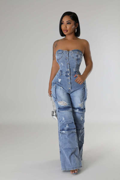 Strapless denim jumpsuit work pants