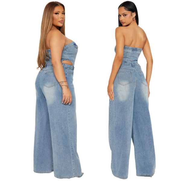 Strapless one shoulder straight leg wide leg denim jumpsuit