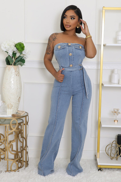 Strapless tight waist elastic wash denim jumpsuit jumpsuit wide leg pants