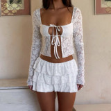 Hollow out square collar lace see through strap top cake skirt set