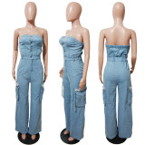 Strapless women's denim jumpsuit work pants