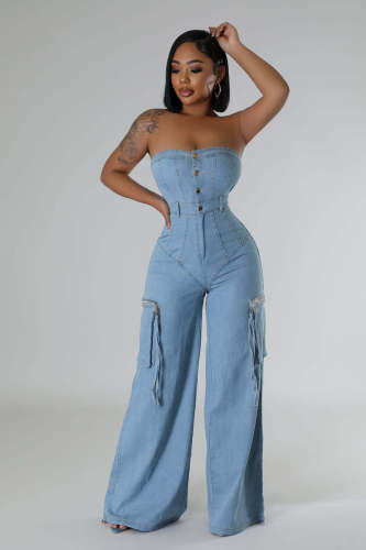 Strapless women's denim jumpsuit work pants
